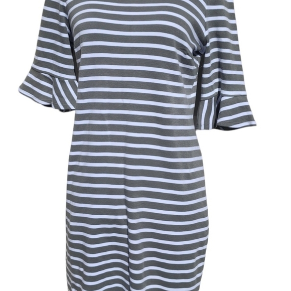 Talbots Knit Dress Olive Green White Stripes Ruffle Sleeve Business Casual - Picture 3 of 6